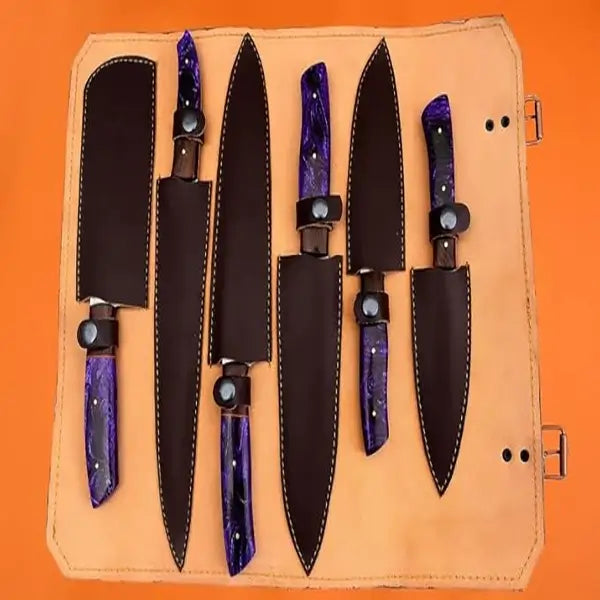 Custom D2 Steel Chef Knife Set - 6-Piece with Resin Handles