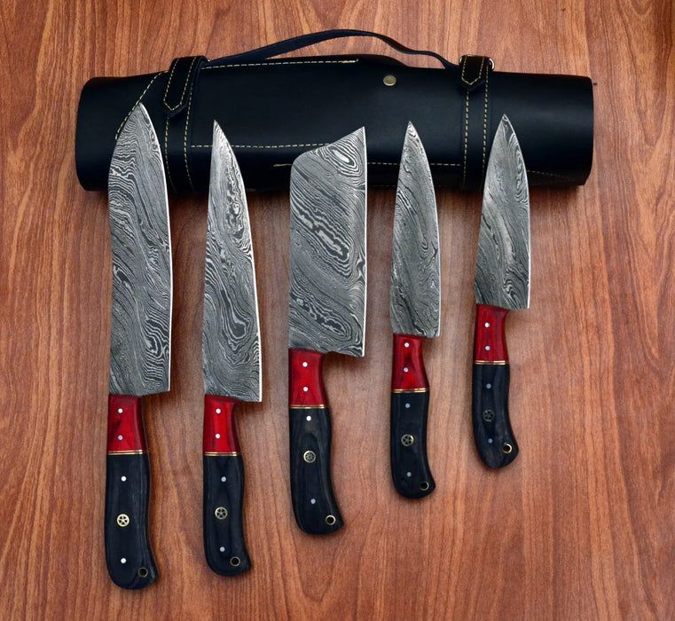 5-Piece Handmade Damascus Steel Kitchen Knife Set with Block