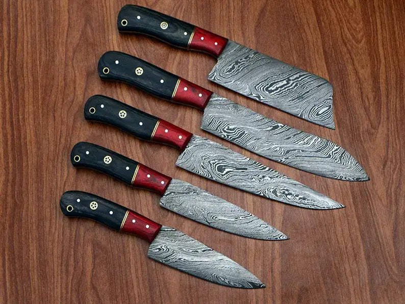 5-Piece Handmade Damascus Steel Kitchen Knife Set with Block