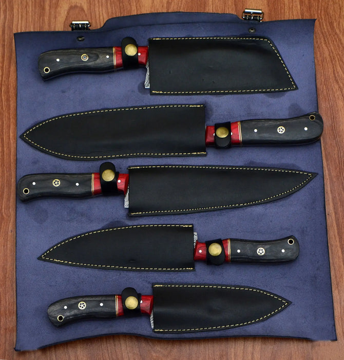 5-Piece Handmade Damascus Steel Kitchen Knife Set with Block