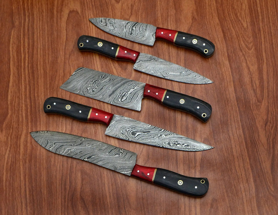 5-Piece Handmade Damascus Steel Kitchen Knife Set with Block