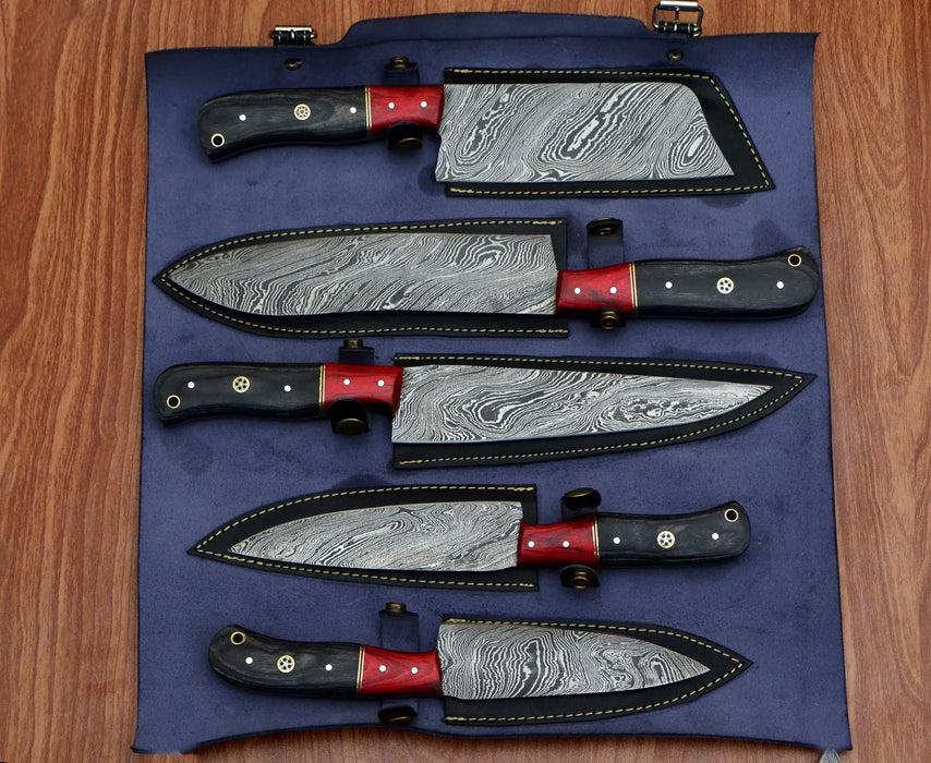 5-Piece Handmade Damascus Steel Kitchen Knife Set with Block