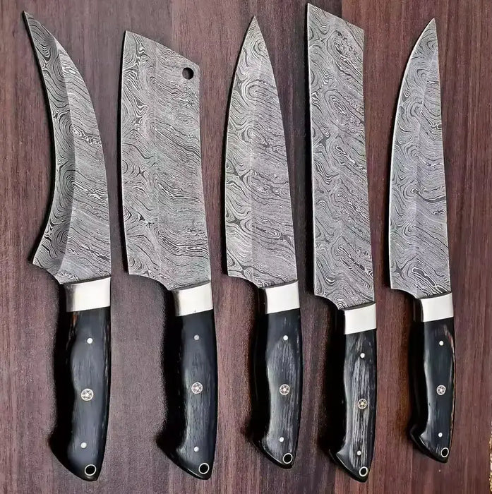 Custom Handmade Damascus Steel 5-Piece Chef Knife Set with Leather Bag