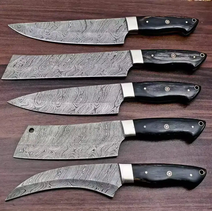 Custom Handmade Damascus Steel 5-Piece Chef Knife Set with Leather Bag