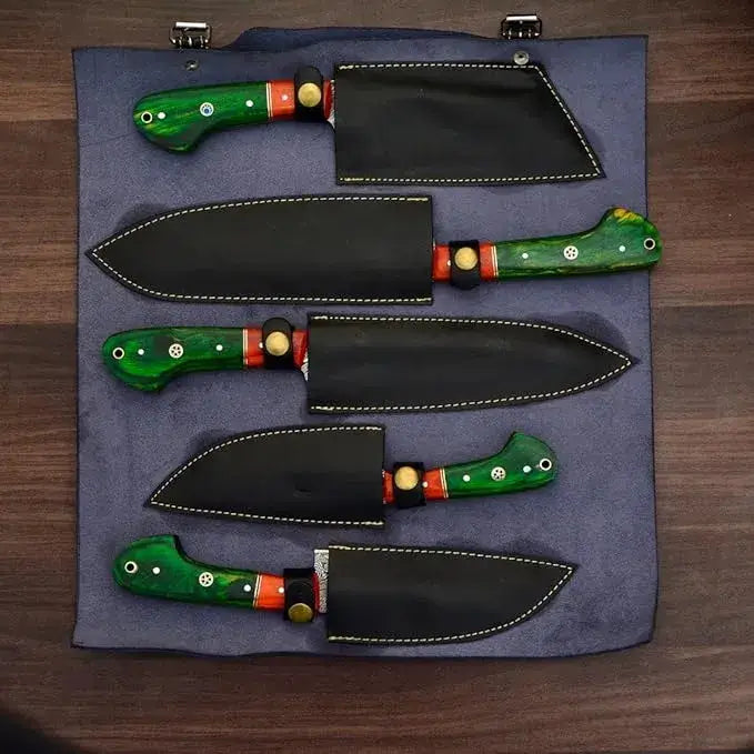 Twist Forge 5-Piece Damascus Steel Knife Set with Cleaver & Leather Case