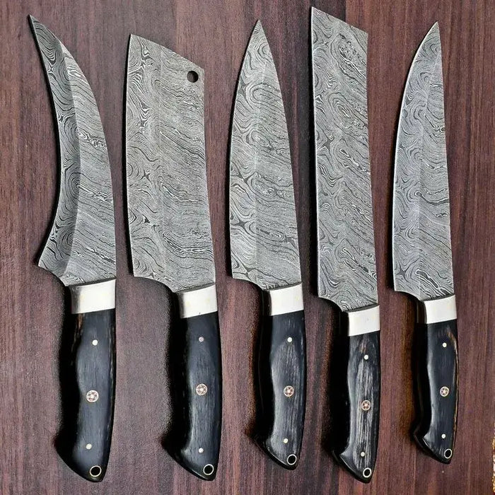 Custom Handmade Damascus Steel 5-Piece Chef Knife Set with Leather Bag