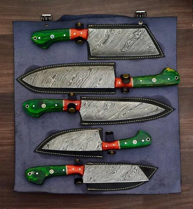 Twist Forge 5-Piece Damascus Steel Knife Set with Cleaver & Leather Case