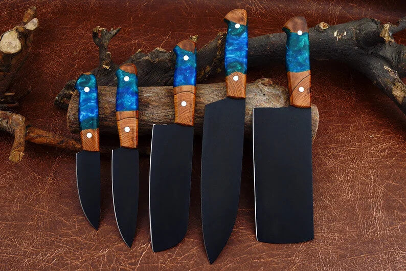 Custom Hand-Forged High-Carbon Steel Chef Set with Resin Handles & Leather Cover