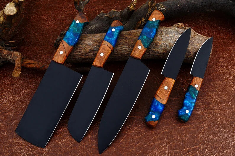 Custom Hand-Forged High-Carbon Steel Chef Set with Resin Handles & Leather Cover