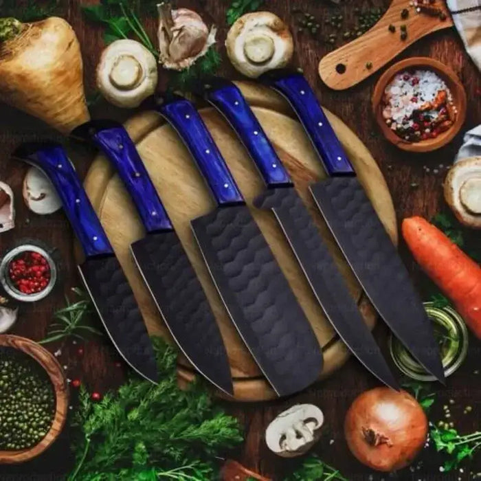 High Carbon Steel Handmade 5-Piece Chef Knife Set with Hammer Pattern and Leather Sheath