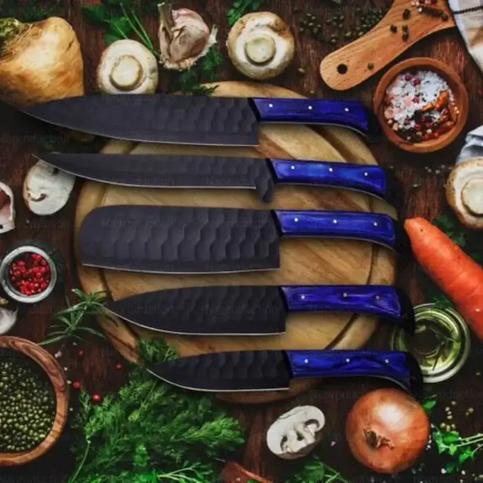 High Carbon Steel Handmade 5-Piece Chef Knife Set with Hammer Pattern and Leather Sheath