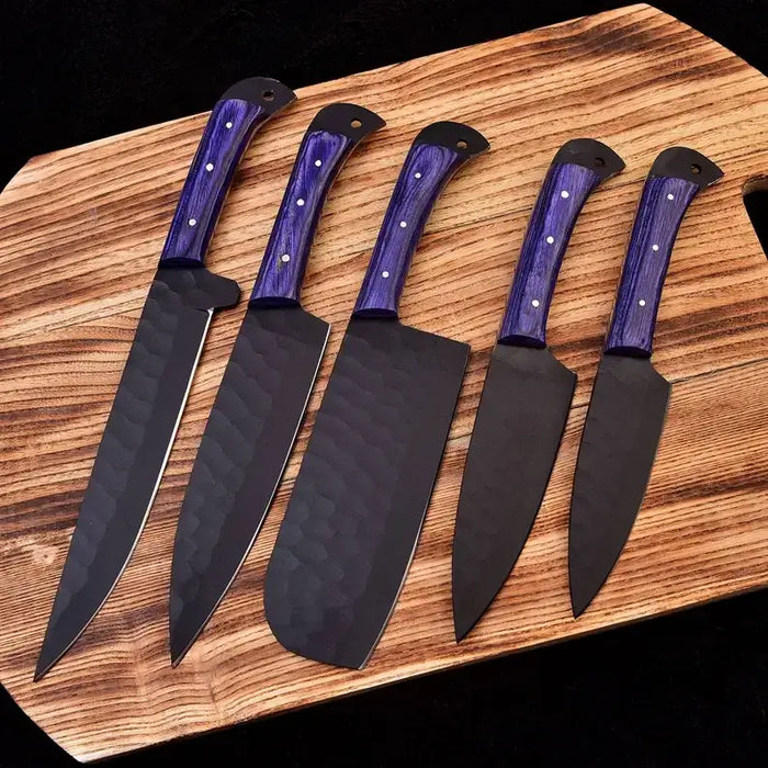 High Carbon Steel Handmade 5-Piece Chef Knife Set with Hammer Pattern and Leather Sheath