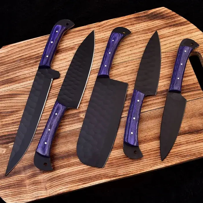 High Carbon Steel Handmade 5-Piece Chef Knife Set with Hammer Pattern and Leather Sheath