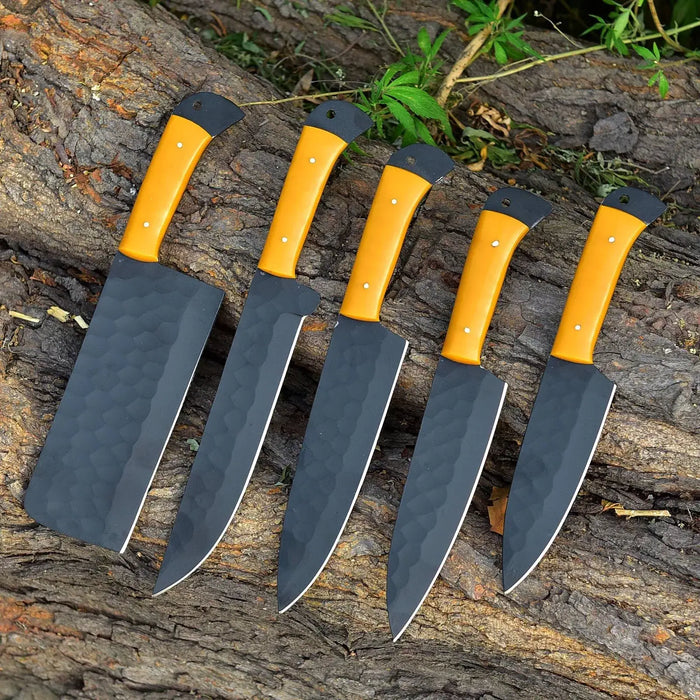 Handmade D2 Steel Chef Knife Set with Wengi Wood Handles and Leather Sheath